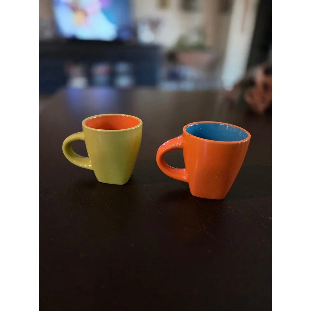 Pirana Joe Taino Bay Espresso Mug Set 2 Ceramic Mini Cups Orange Green Dominican